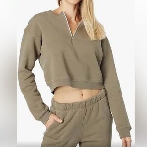Monrow Olive Green Zip Up Sweatshirt